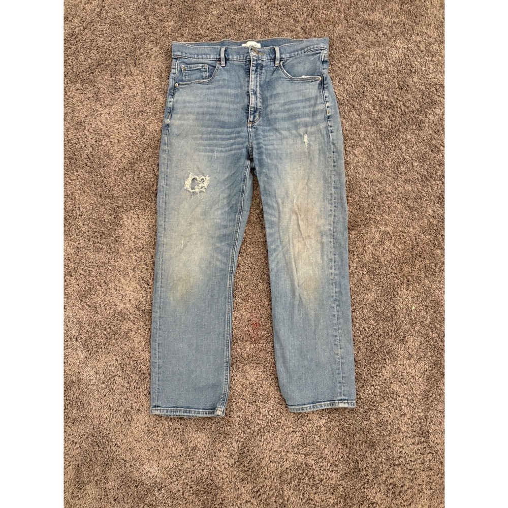 LOFT Light Wash Distressed Straight Leg Jeans Blue Denim Stained Worn In